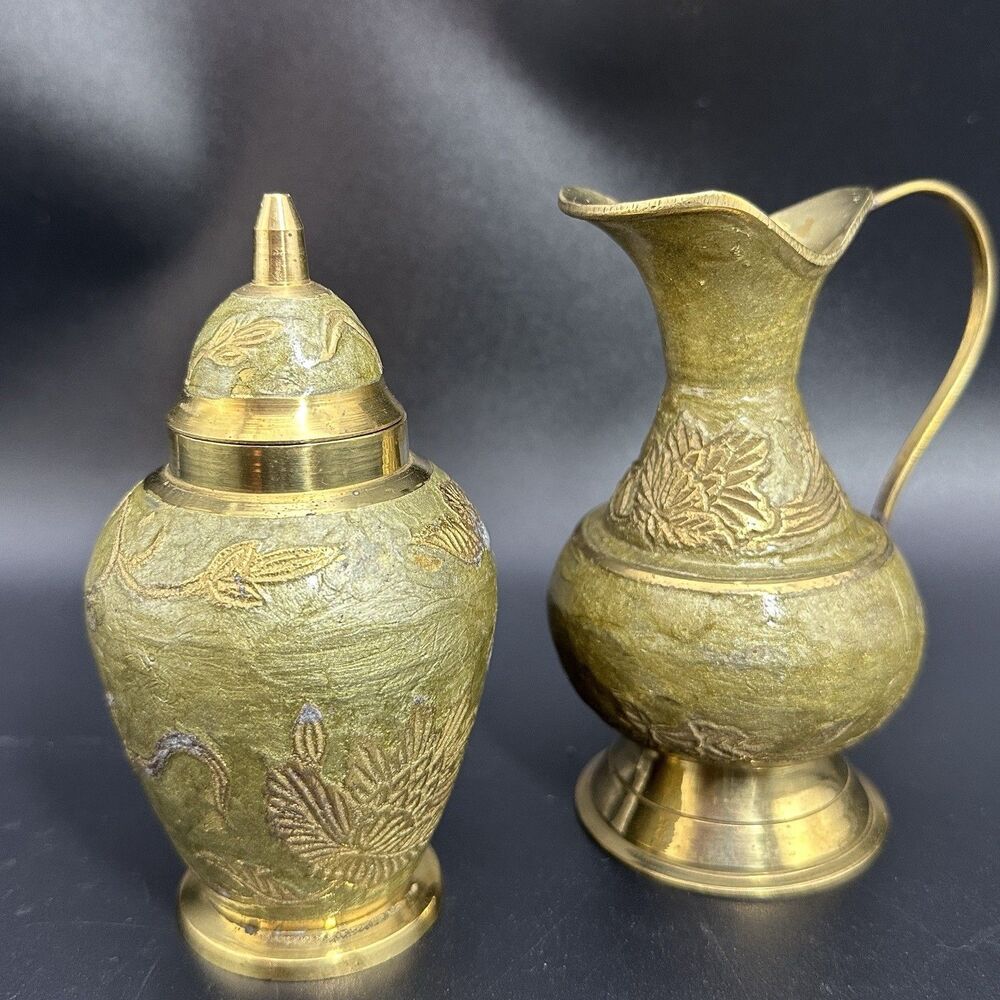 Vintage Anglo Indian Brass Decor Set Sage Green Enamel Pitcher & Lidded Jar